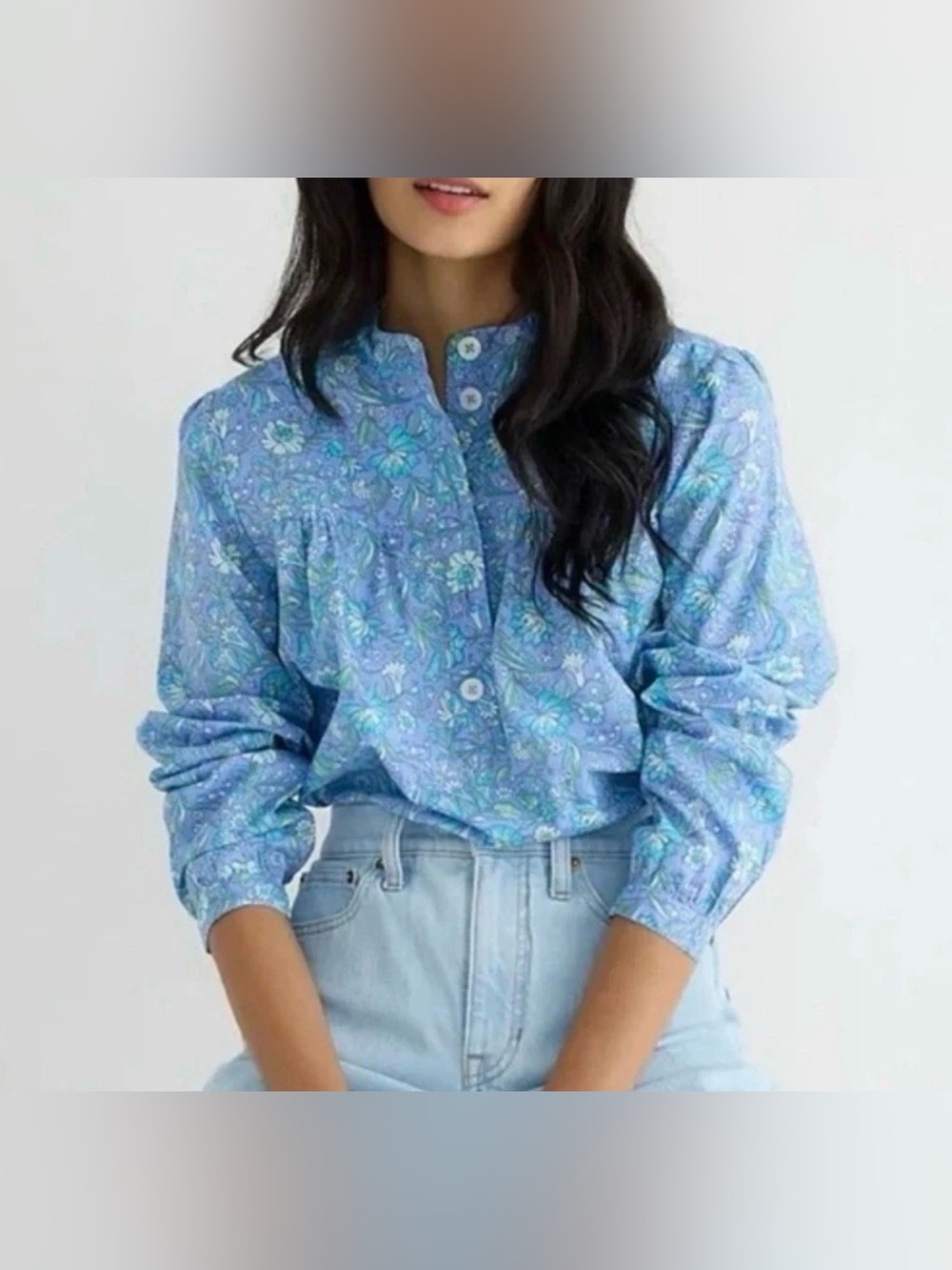 J. Crew Fresco Top in Floral 100% Cotton Poplin Blue 1/2 Button small
